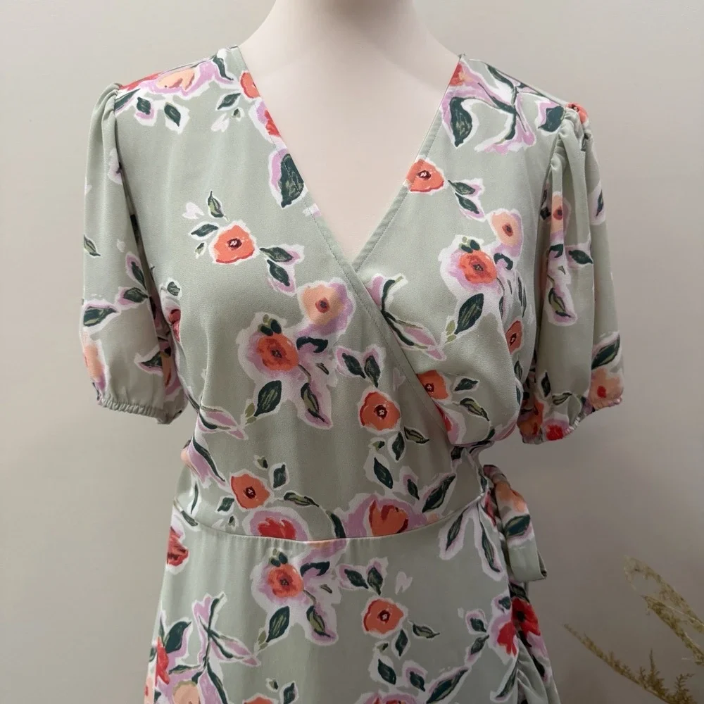 LC Lauren Conrad Size Large Sage Green Floral Faux-Wrap Midi Dress Cottagecore - Picture 2 of 15